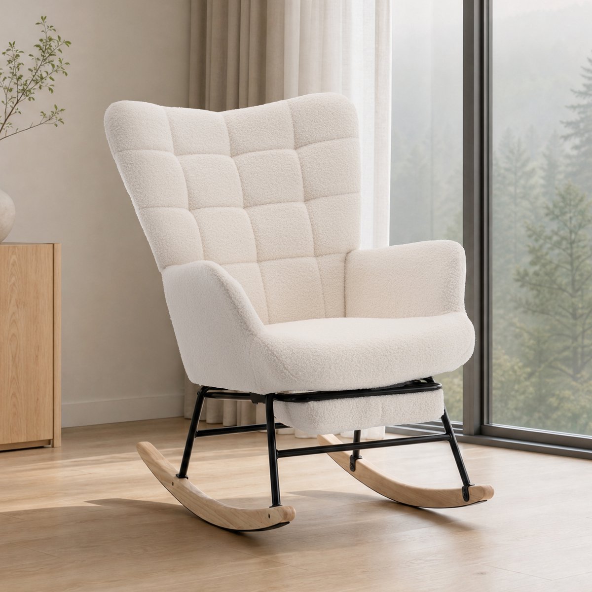 OKWISH Schommelstoel – Hoge Rugleuning en Voetensteun – 91 x 61 x 88 cm – Lamswol en Metaal Hout – Beige – Voor Lezen en Rusten