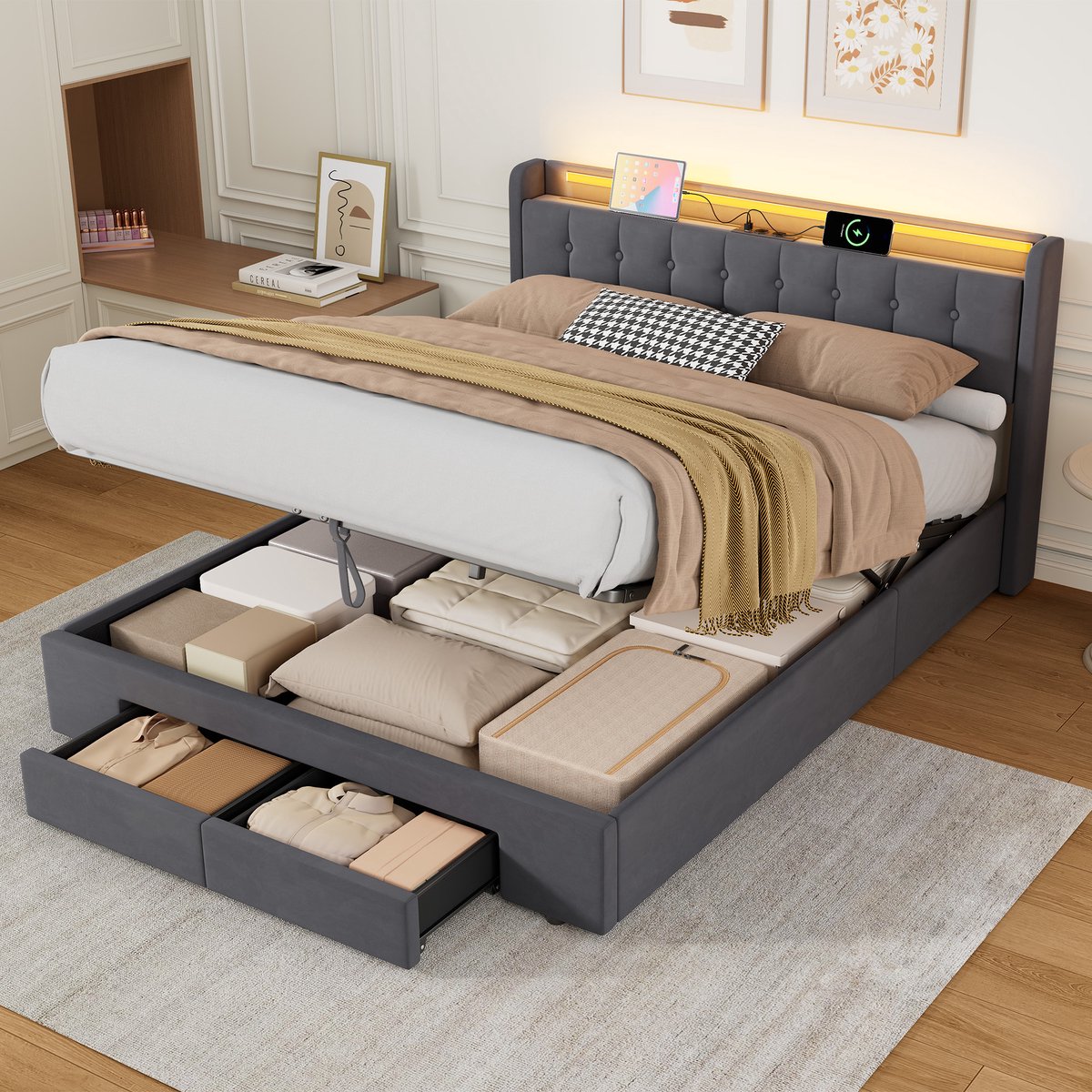 OKWISH Bedframe Met Opbergruimte – 160 x 200 cm – Fluweel, Metaal en Hout – Donkergrijs – Met Lade, Usb-Poort en Led-Verlichting