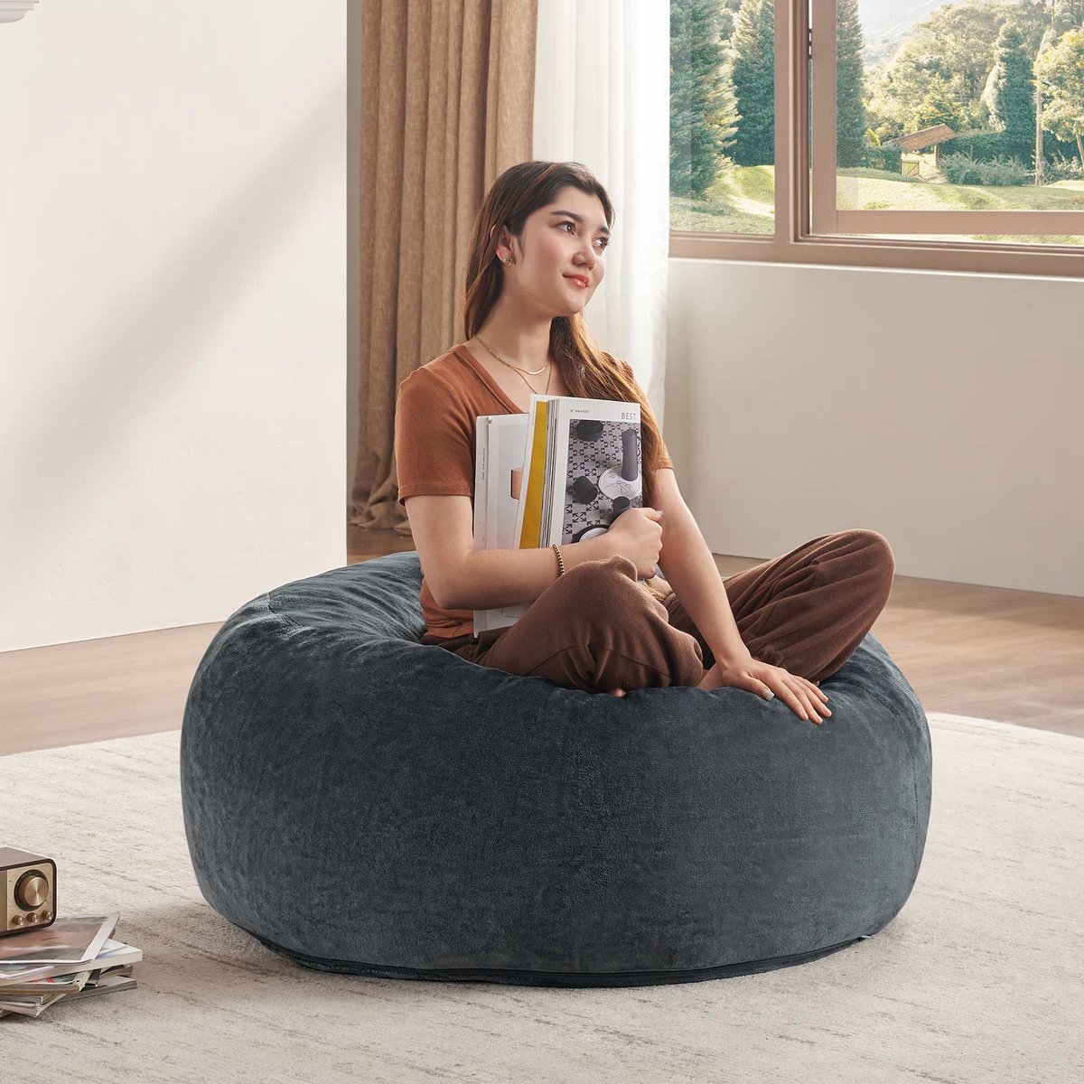 COVREO Zitzakstoel 48 x 38 x 21 cm donkergrijs spons voor volwassenen indoor lounge en logeerbed