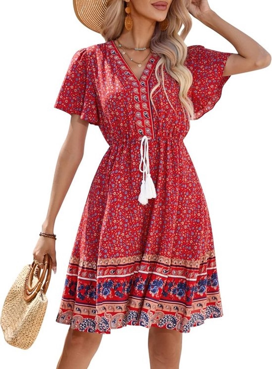 Boho Zomerjurk Dames - Korte Mouwen, V-hals, Ruches, Mini-jurk voor Strand en Vrijetijdgebruik