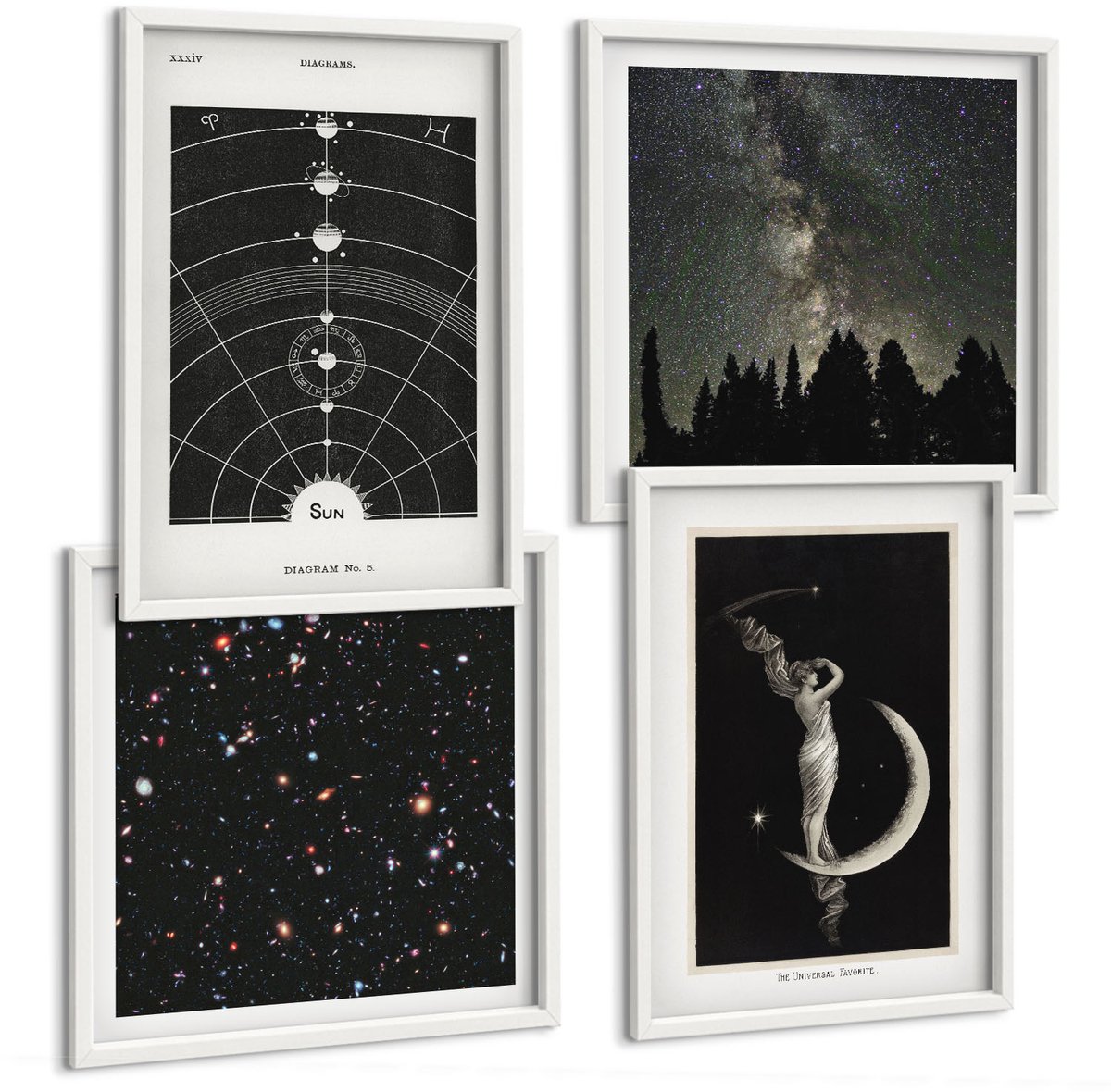 Wallfluent 4-Delige Schilderij Set - Sterrenstelsel In Het Zonnestelsel 'S Nachts Figuur Op De Maan - 40 x 40 En 40 x 60 - Muurdecoratie - Wanddecoratie - Hal - Woonkamer Decoratie