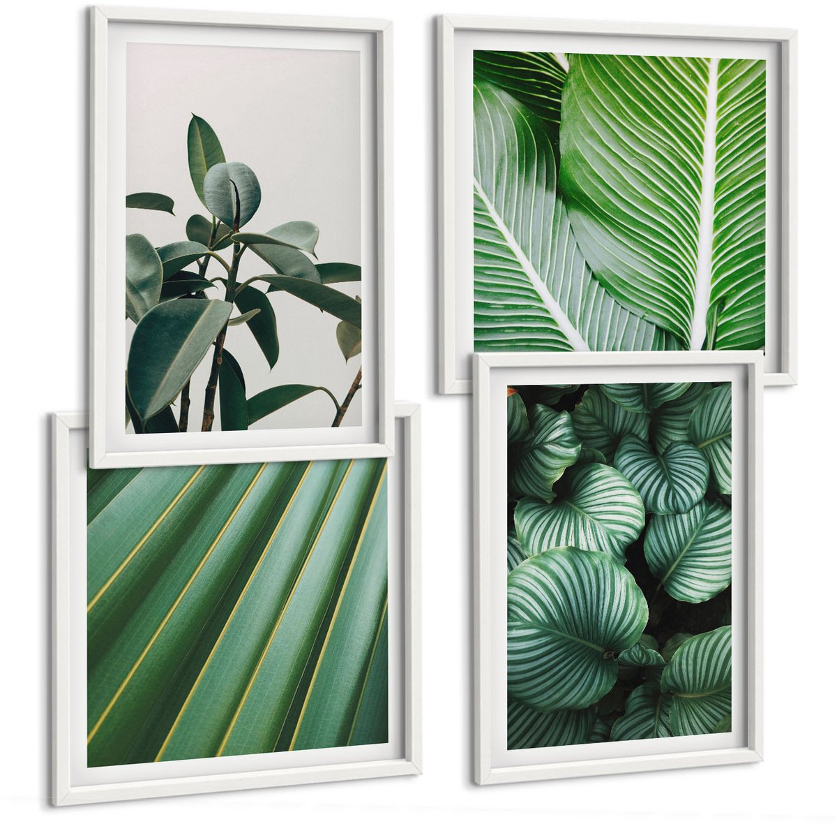 Wallfluent 4-Delige Schilderij Set - Esthetische Tropische Bladeren In Diverse Groene Tinten - 40 x 40 En 40 x 60 - Decoratieve Schilderijen - Woonkamer - Interieur - Stijlvolle Muurdecoratie