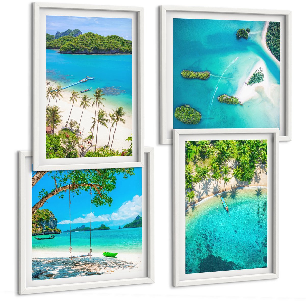 Wallfluent 4-Delige Schilderij Set - Tropische Stranden Met Palmbomen En Kristalhelder Water. - 40 x 40 En 40 x 60 - Moderne Wanddecoratie - Slaapkamer