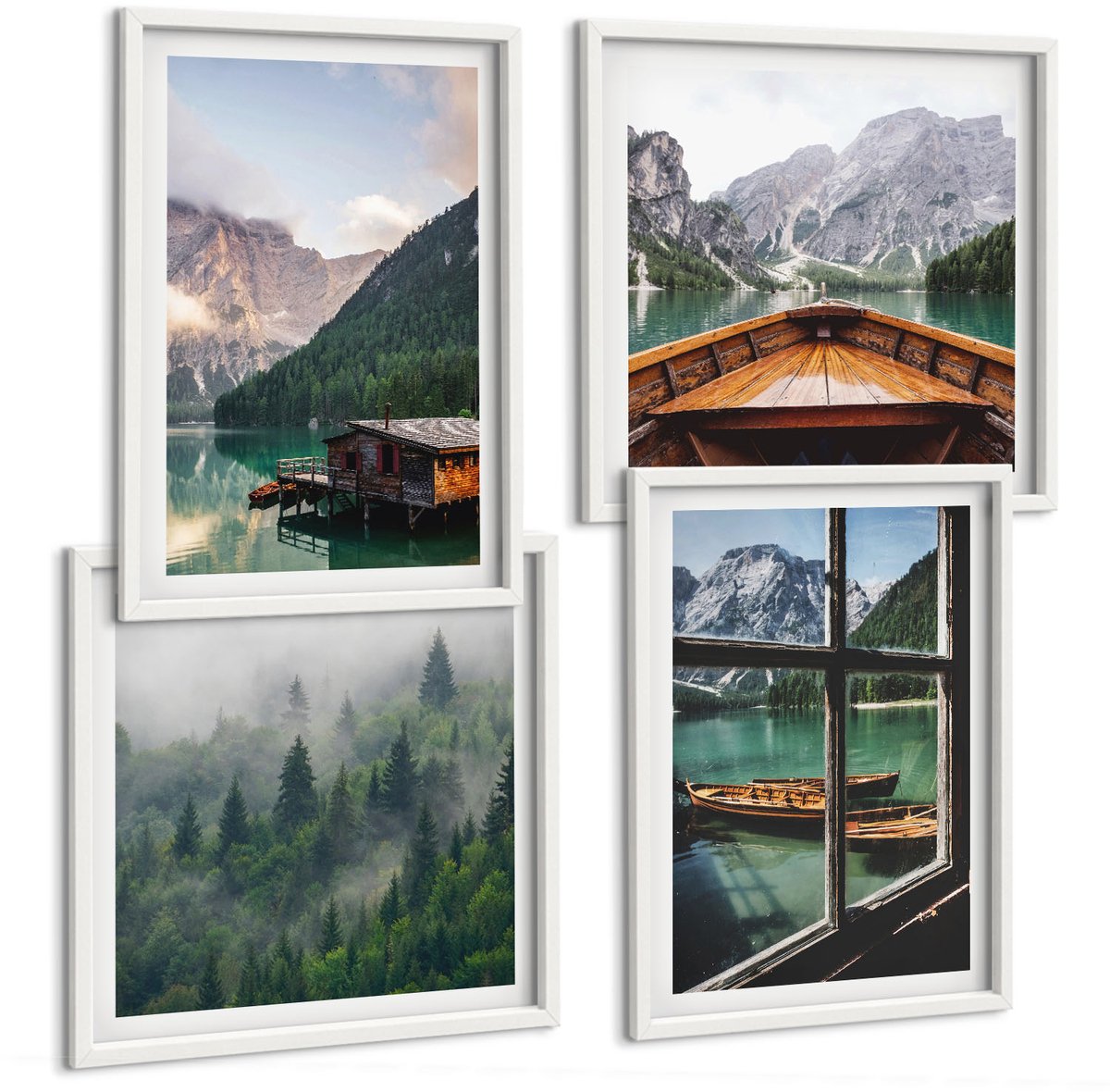 Wallfluent 4-Delige Schilderij Set - Bergmeer Met Een Boot En Houten Huisjes - 40 x 40 En 40 x 60 - Wanddecoratie - Muurdecoratie - Woonkamer - Interieur Decoratie
