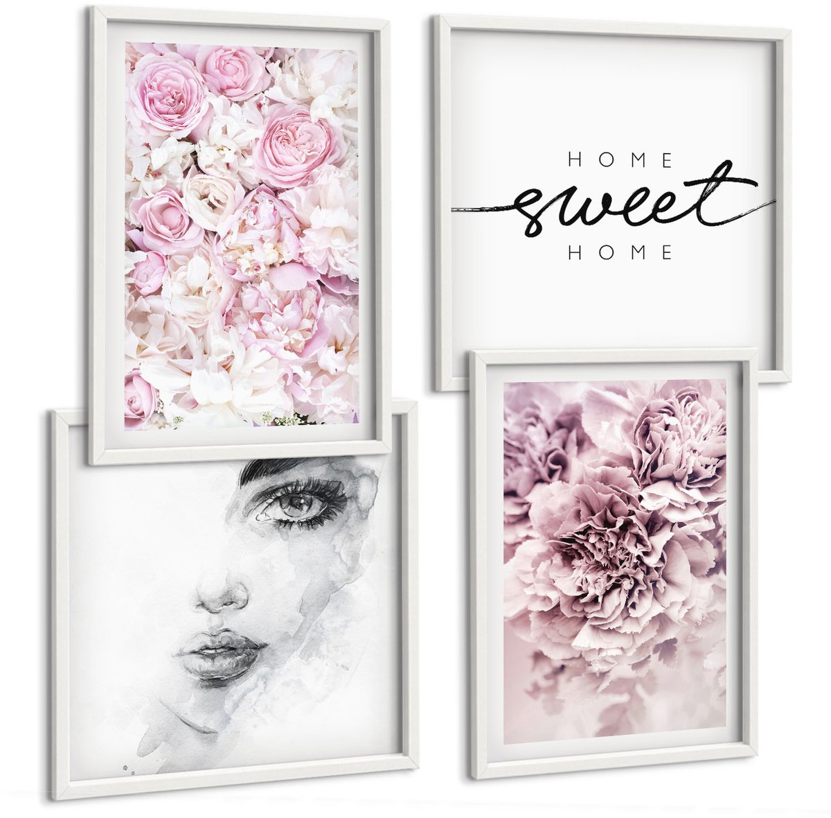 Wallfluent 4-Delige Schilderij Set - Delicate Pioenrozen Portret Van Een Vrouw Inscriptie Thuis - 40 x 40 En 40 x 60 - Moderne Wanddecoratie - Woonkamer