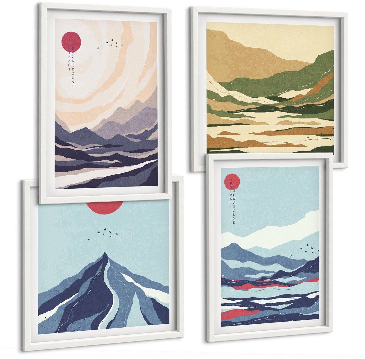 Wallfluent 4-Delige Schilderij Set - Abstracte Berglandschappen In Japanse Stijl - 40 x 40 En 40 x 60 - Moderne Wanddecoratie - Slaapkamer