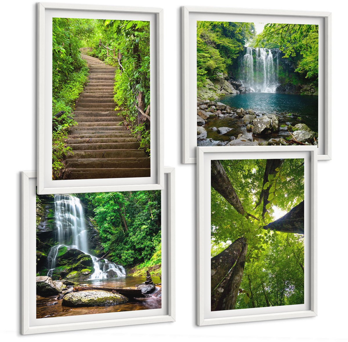 Wallfluent 4-Delige Schilderij Set - Bospad Met Waterval En Groene Vegetatie - 40 x 40 En 40 x 60 - Wanddecoratie - Muurdecoratie - Woonkamer
