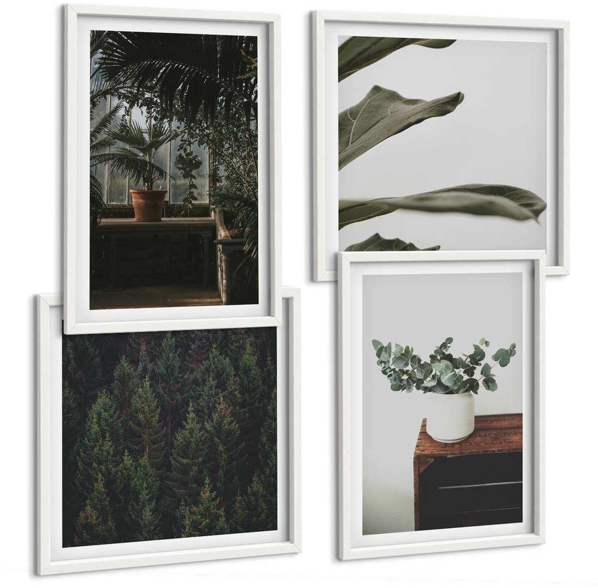 Wallfluent 4-Delige Schilderij Set - Rustieke Bladeren Potplanten - 40 x 40 En 40 x 60 - Schilderijen Set - Wanddecoratie - Woonkamer