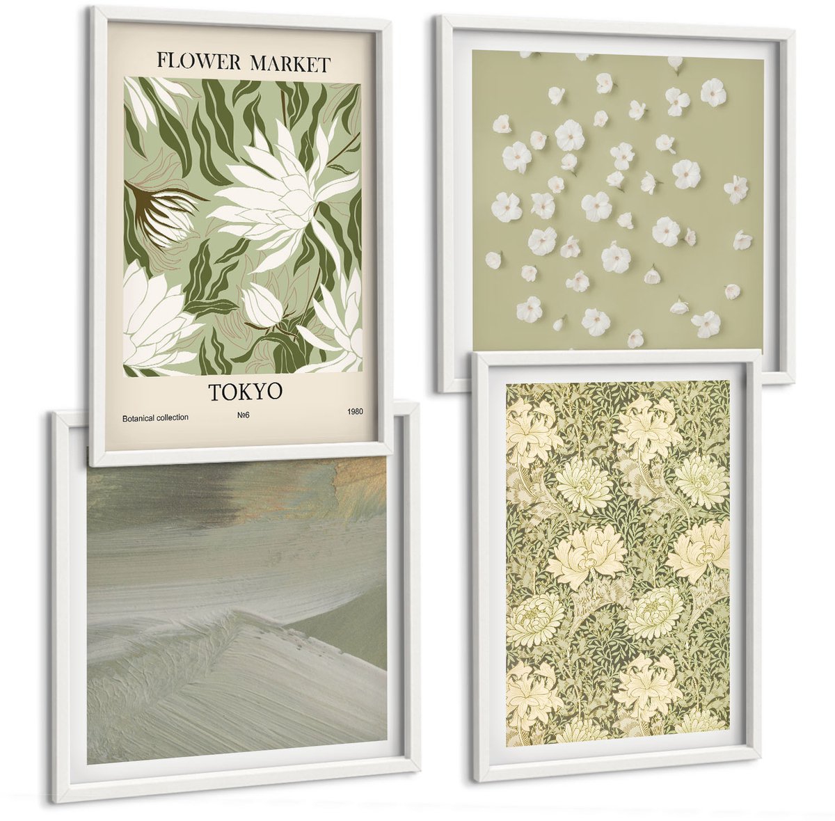 Wallfluent 4-Delige Schilderij Set - Plantenpatronen En Abstracties In Boho-Stijl - 40 x 40 En 40 x 60 - Muurdecoratie - Interieur Decoratie - Woonkamer Decoratie