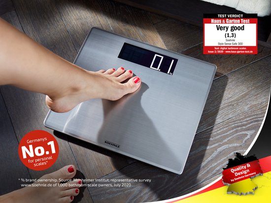 Balance numérique argentée Soehnle avec finition en acier inoxydable. Affiche "0.1 kg" sur l'écran. "N°1 en Allemagne pour les balances personnelles".