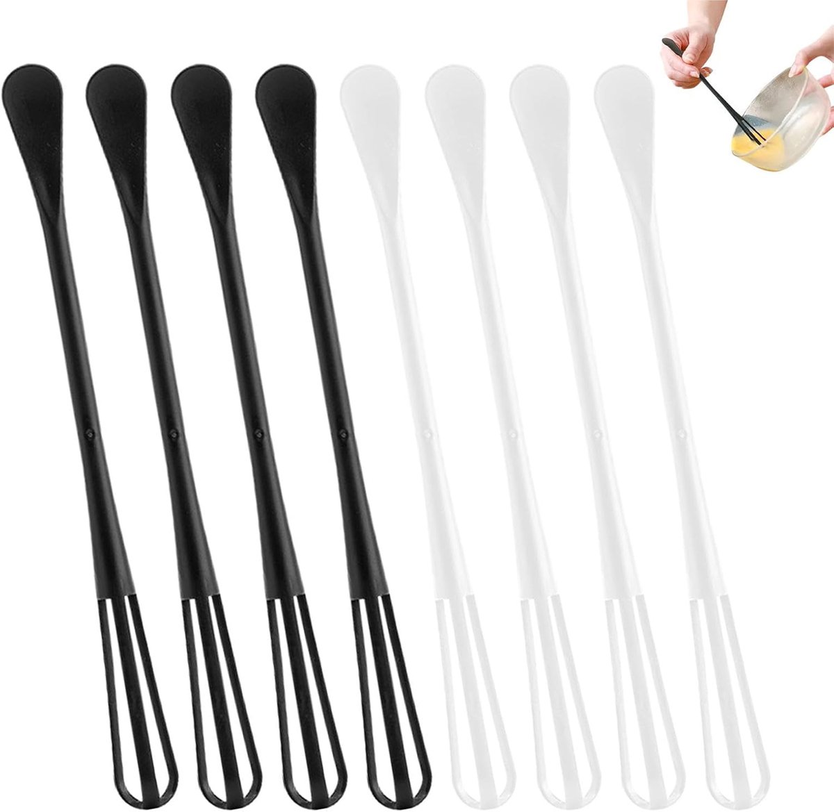 8 stuks - Mini Gardes - Eierklopper - Klopper - Kleine Kloppers - Lepel - Sauslepels - Kruidenlepels - Specerijenlepels - Eierklutser - Keukengerei - Bakgerei - voor mengen, kloppen, bakken, mixen en sauzen bereiden - 22*2 cm - zwart, wit
