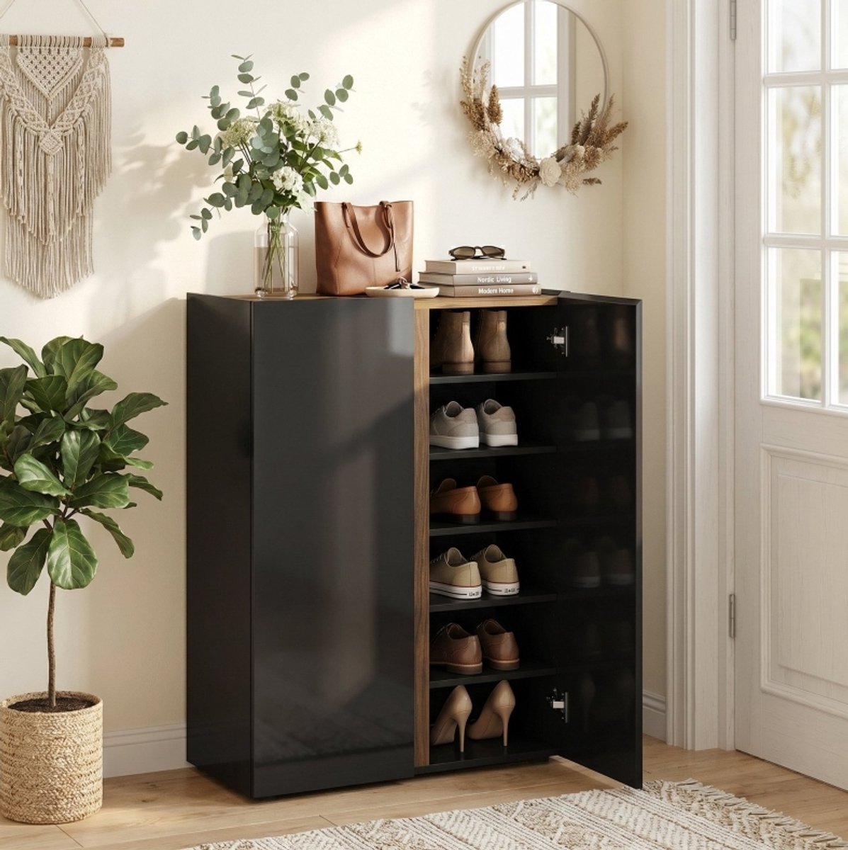 DESMIU Schoenenkast - Ruime 6 Laagse Opbergkast Met Zacht Sluitende Deuren En Grifflos Design - Voor Hal En Gang - Hout - Zwart - 70x33,5x95 Cm