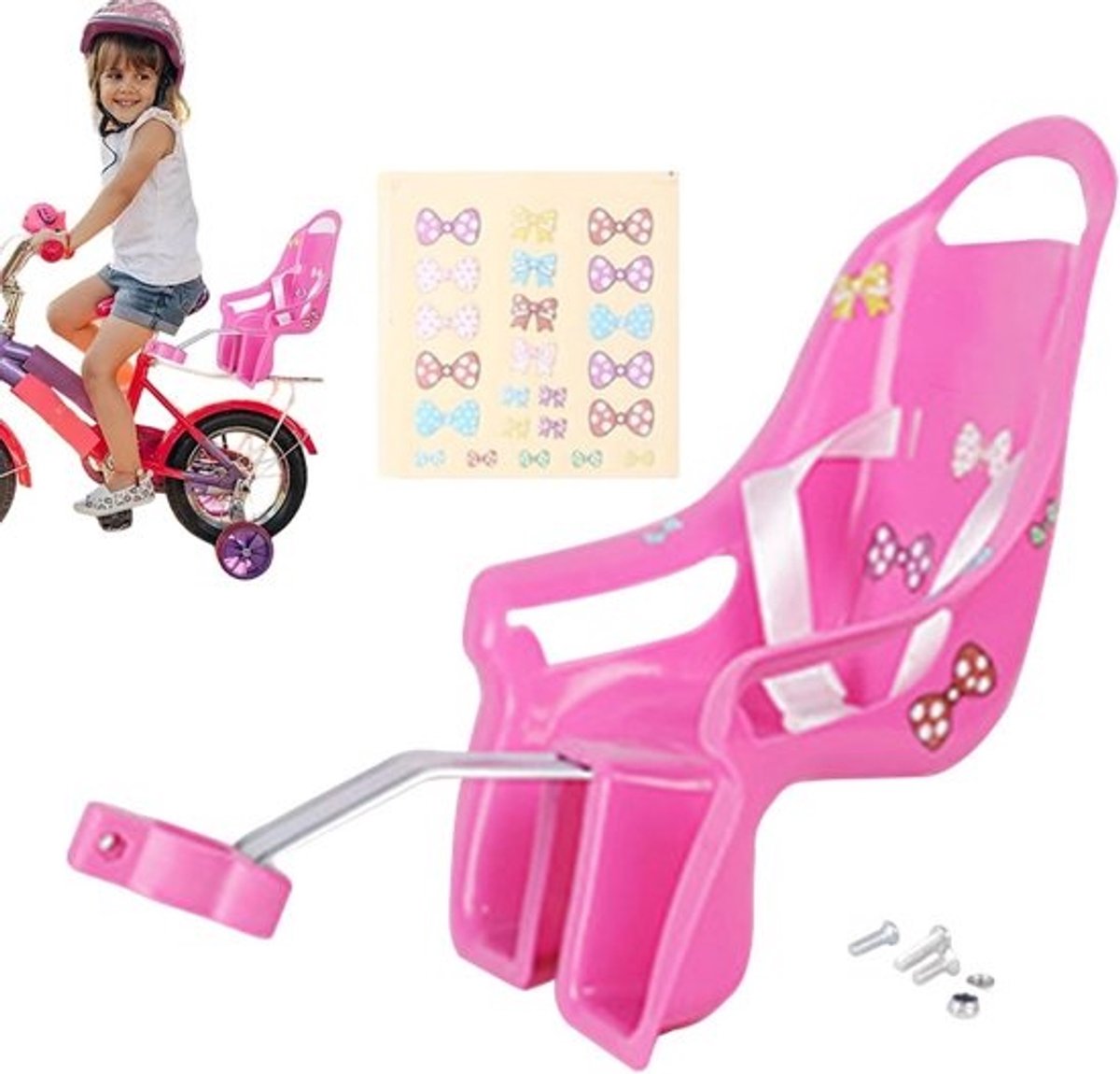 Poppenfietsstoel voor kinderfietsen, met stickers en verstelbare bevestiging