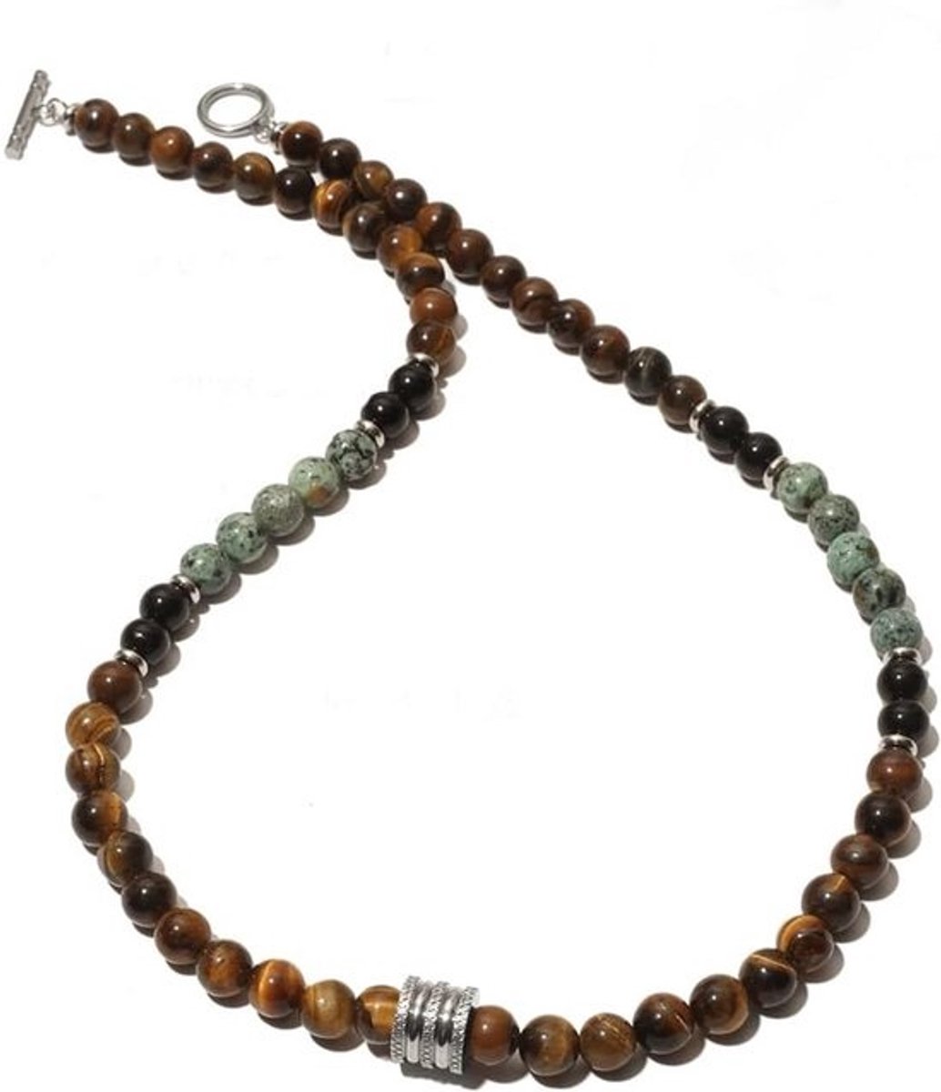 Korte Halsketting met Natuursteen Kralen en RVS Details - Unisex Sieraden