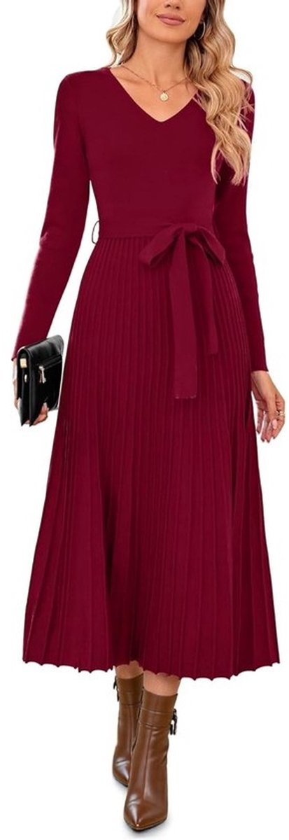 Mooie Gebreide Jurk voor Dames - Elegante Midi Jurk met V-Hals en Lange Mouwen voor Herfst en Winter