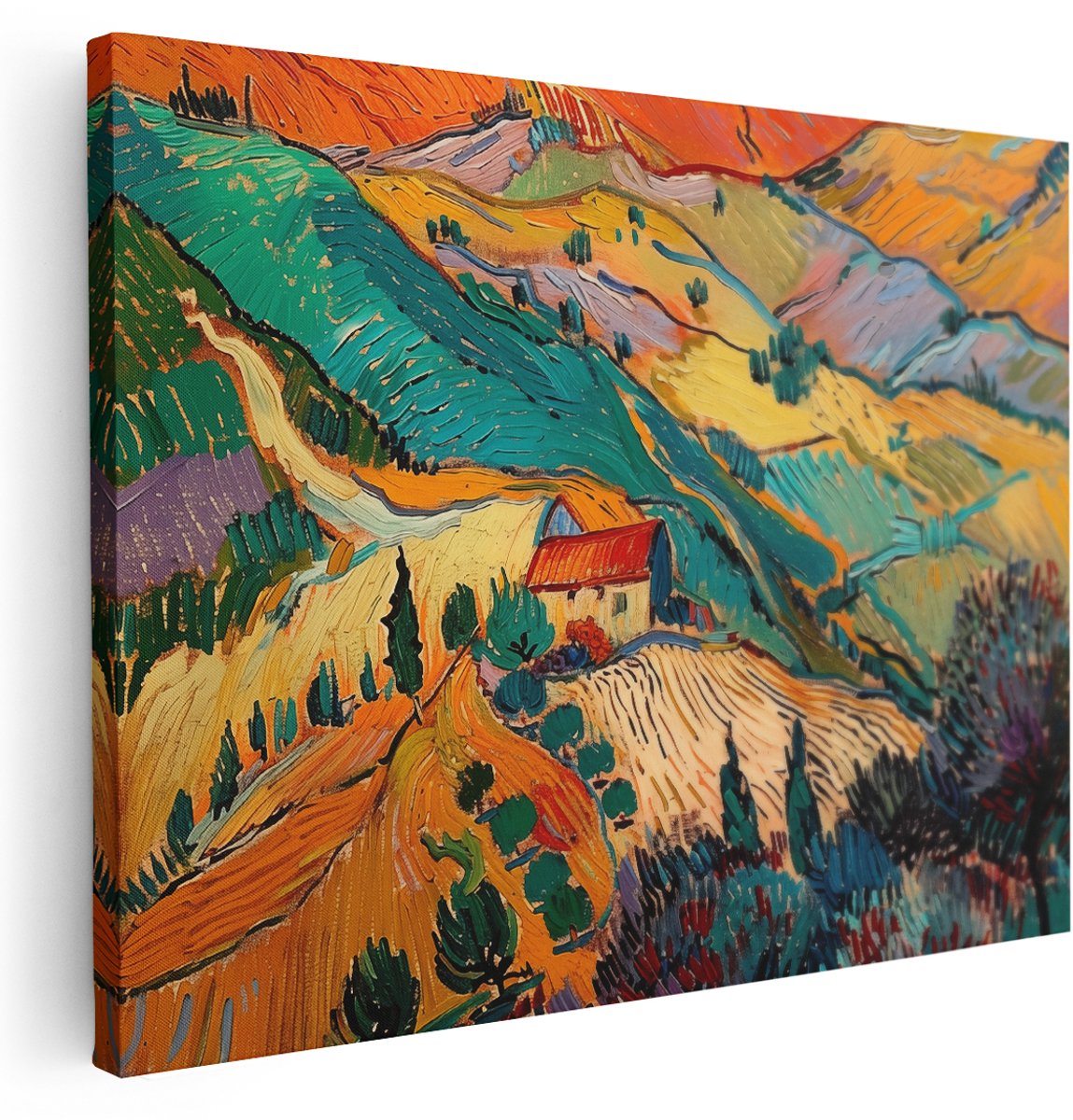 Artaza Canvas Schilderij Huis op een Heuvel - 160x120 cm - Groot - Wanddecoratie Woonkamer - Schilderijen - Muurdecoratie