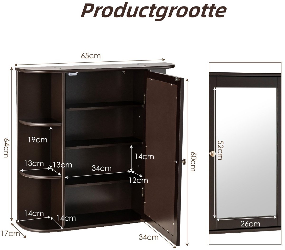 SureDeal® - Hangkast - Spiegelkast Badkamer Badkamerspiegel - Planken Wandkast - Badspiegel - Spiegeldeur Zwart - Wit - 66x17x62 cm - Bruin