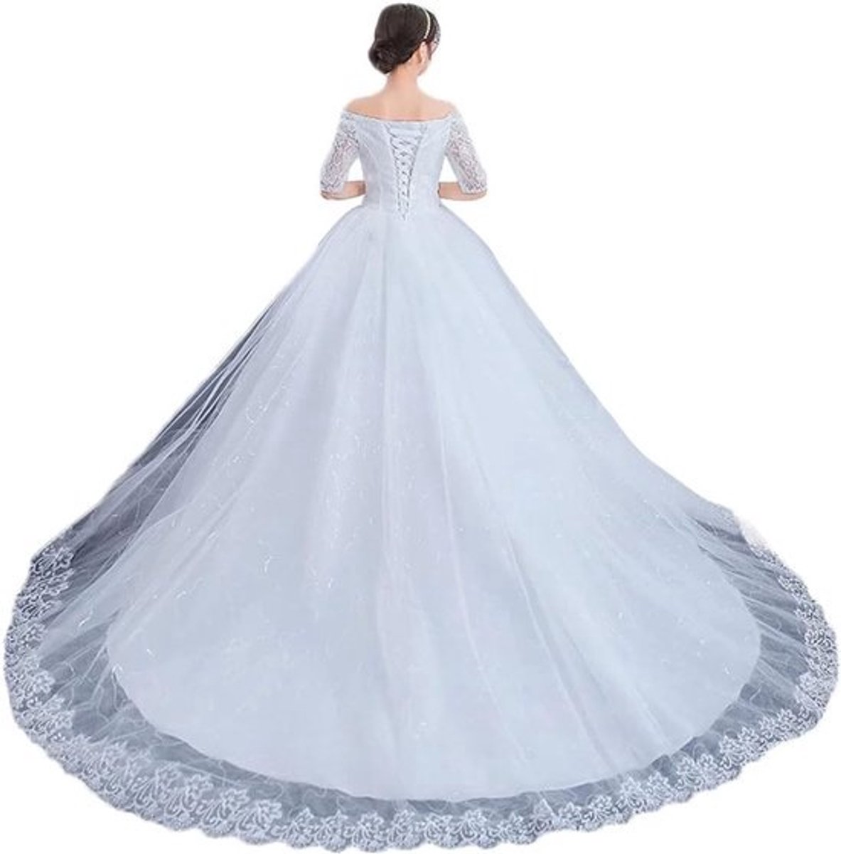Elegante bruidsjurk A-lijn met glitter en kant - Vloerlengte, met parels en veters