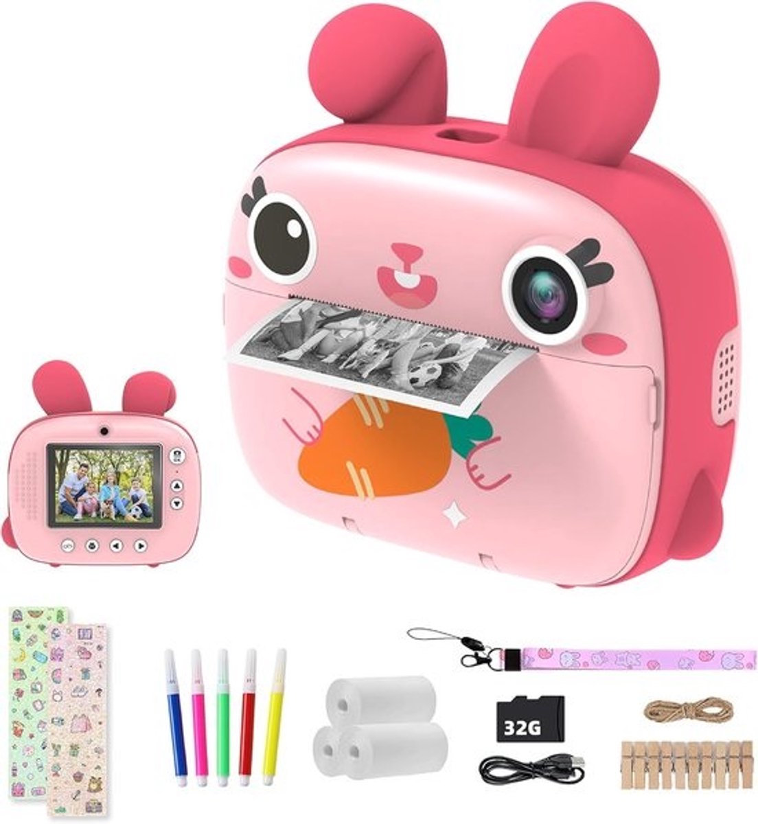 CAMCLID Kindercamera, instant camera, voor kinderen met 3 rollen thermisch papier en 32G SD-kaart, 2,4 inch scherm digitale camera en videocamera, fotocamera, cadeau voor meisjes en jongens (roze)