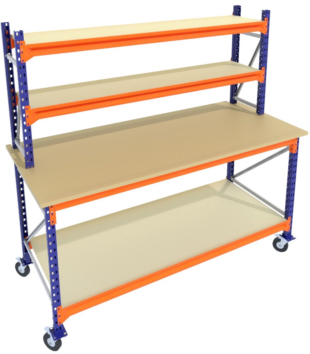 Werkbank of Inpaktafel op wielen met opbouw Blauw 200cmx105cm - 2 niveaus (multiplex, 2 opbouw, zwarte wielen)