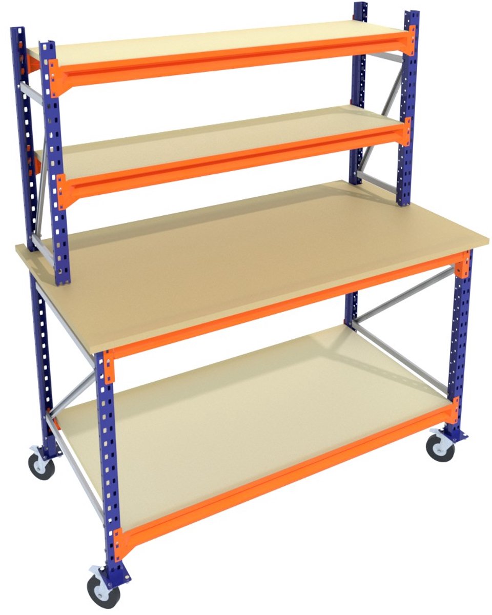 Werkbank of Inpaktafel op wielen met opbouw Blauw 135cmx85cm - 2 niveaus (multiplex, 2 opbouw, zwarte wielen)
