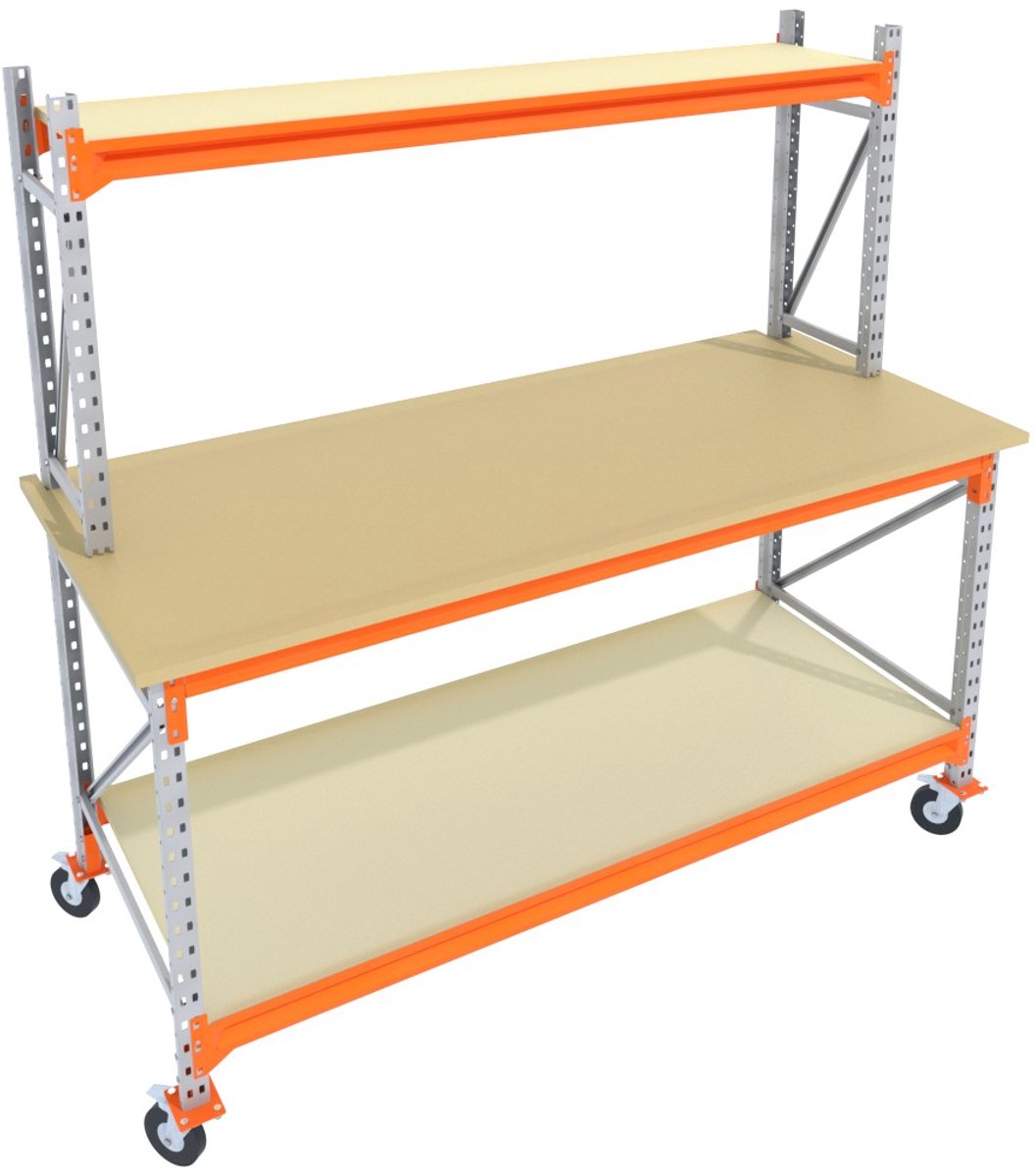 Werkbank of Inpaktafel op wielen GALVA 200cmx85cm - 2 niveaus (multiplex, 1 opbouw, zwarte wielen)