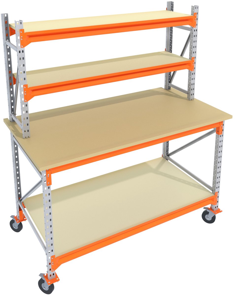 Werkbank of Inpaktafel op wielen GALVA 135cmx85cm - 2 niveaus (multiplex, 2 opbouw, zwarte wielen)