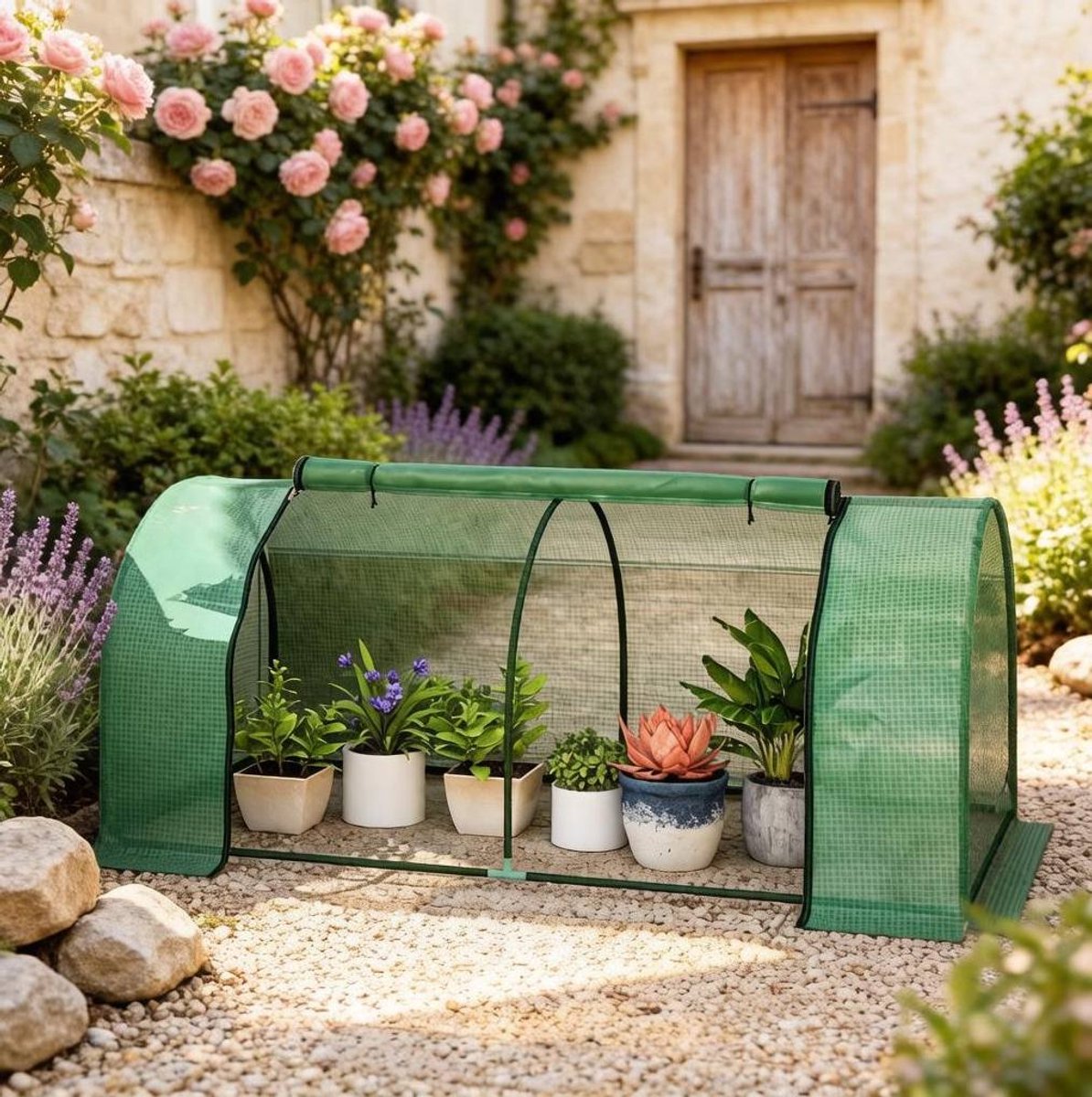 FloraGrace Kas – Mini Tunnelkas 200 x 100 x 80 cm – Staal en Polyetheen – Donkergroen – Voor Balkon Terras en Tuin – Oproldeur