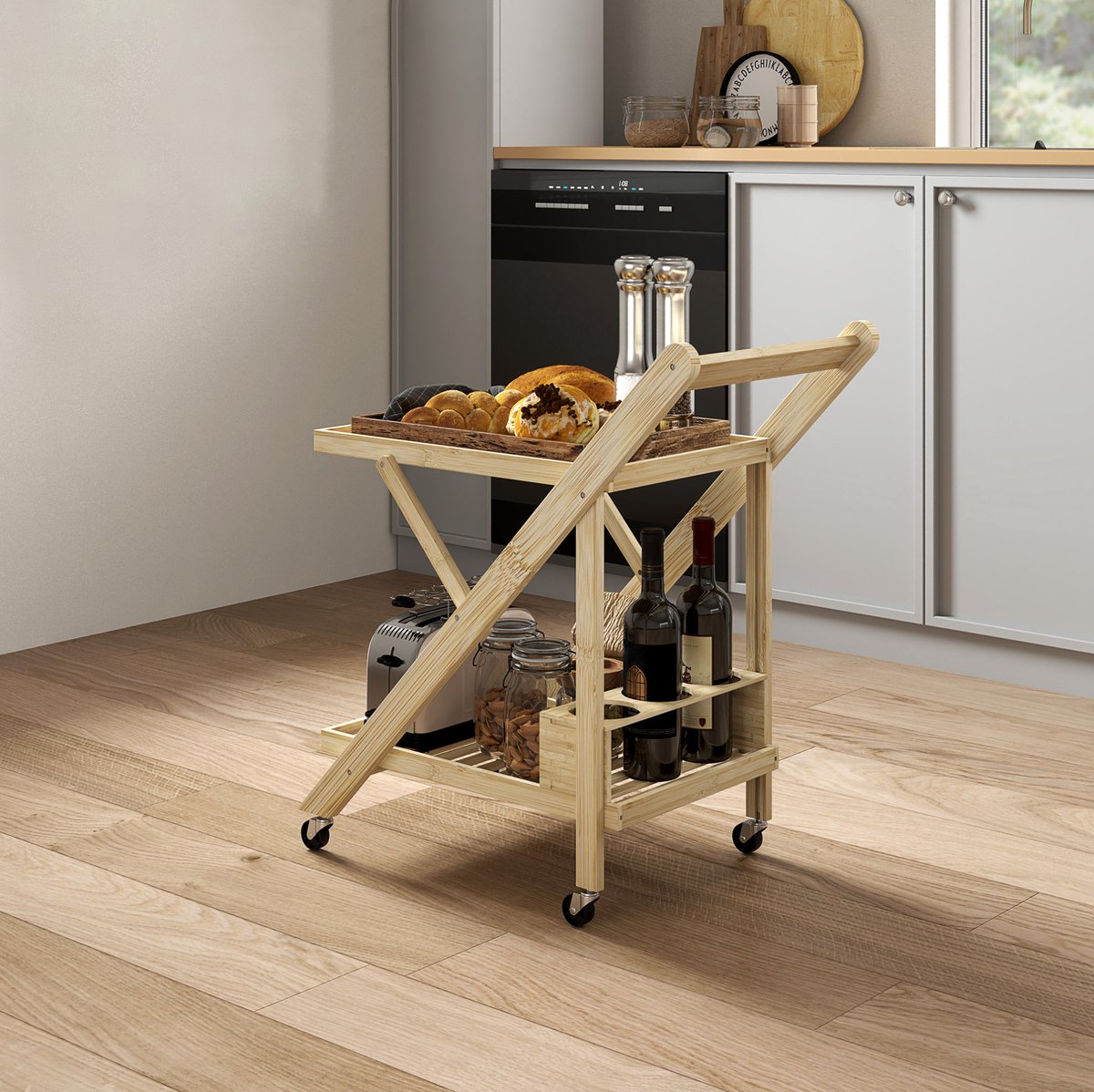 Keukenwagen Opvouwbaar Met Wijnrek 66 x 40 x 70 Cm Bamboe Natuurlijk Hout Voor Keuken Eetkamer En Woonkamer Met Wielen En Remmen