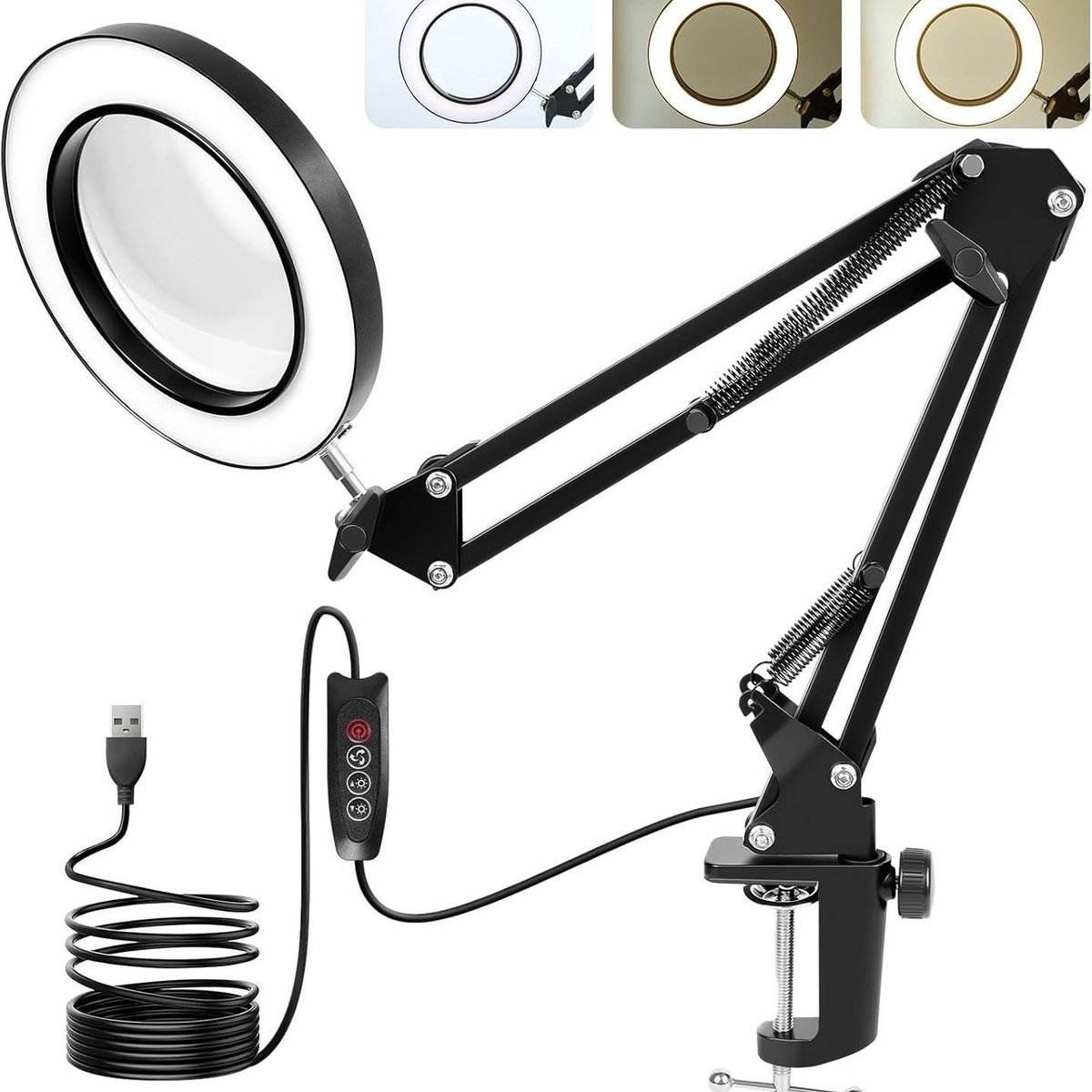 casalora - LED-vergrootglas bureaulamp met klem, 3 kleurmodi, 10 dimniveaus, verstelbare draaibare arm voor lezen, knutselen en werkbanken