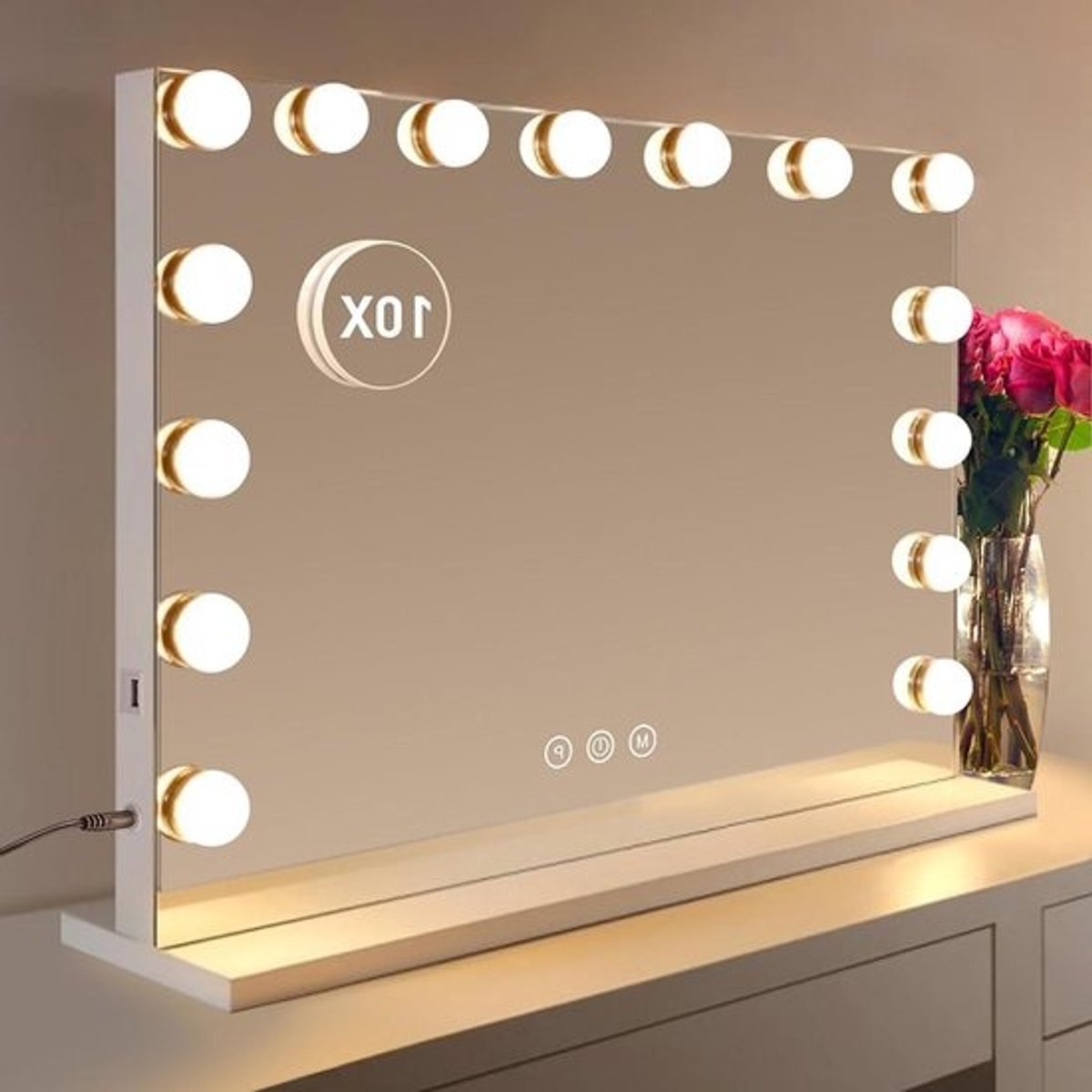 Make-up Spiegel met 15 Dimbare Lampjes - Tafelblad of Muur Gemonteerd Hollywood Stijl - Grote Ijdelheidspiegel met Verlichting - 3 Gekleurde Lampjes - Wit