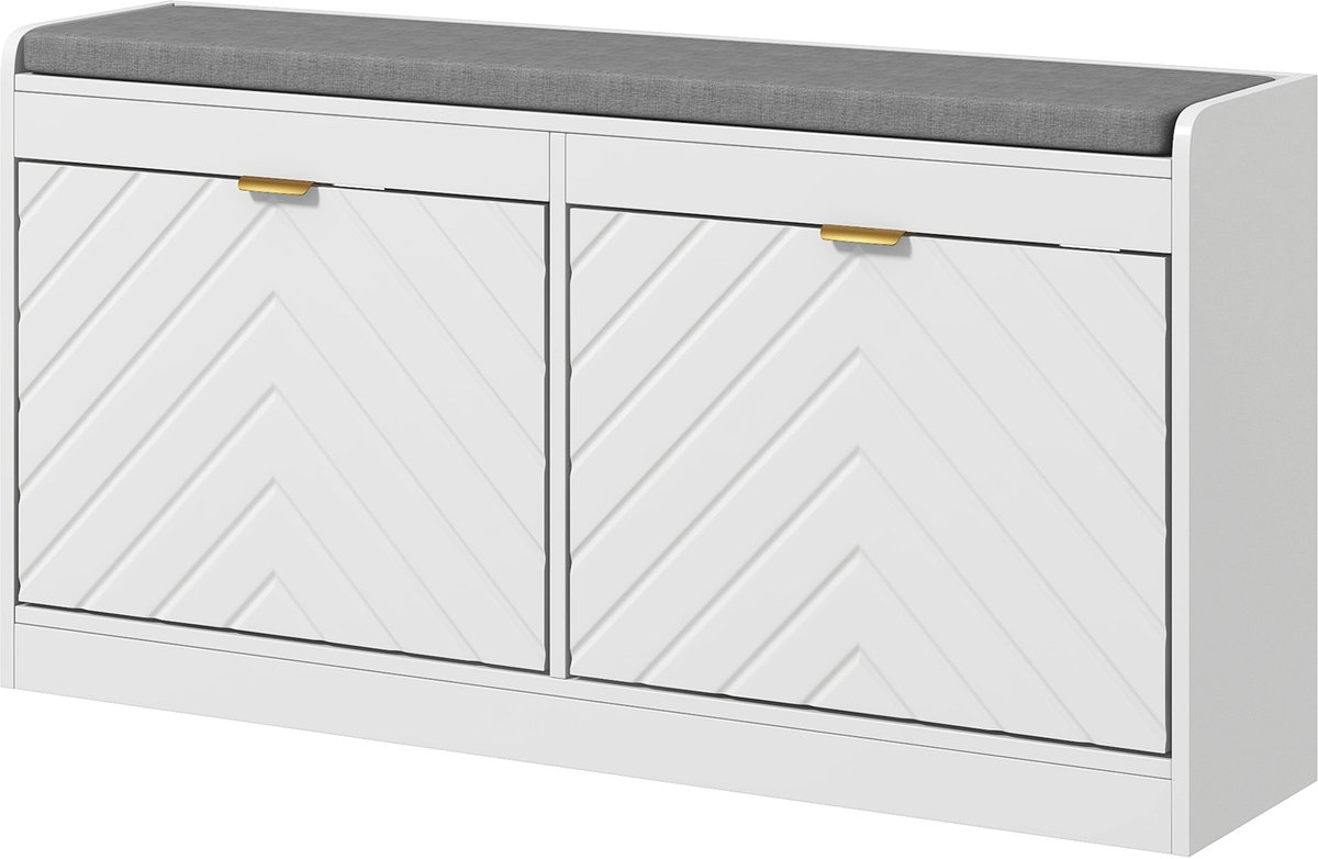 Schoenenbank met uitklapbare lade - beklede zitting - smalle opbergbank - deur met reliëfpatroon en verstelbare plank - 106 x 24 x 52,5 cm - wit