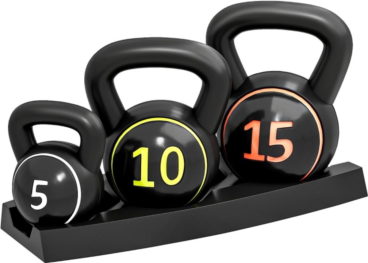 Kettlebellset‑3‑stuks‑2,2kg‑4,5kg‑6,8kg‑plastic‑zand‑met basis‑opbergstandaard‑zwart