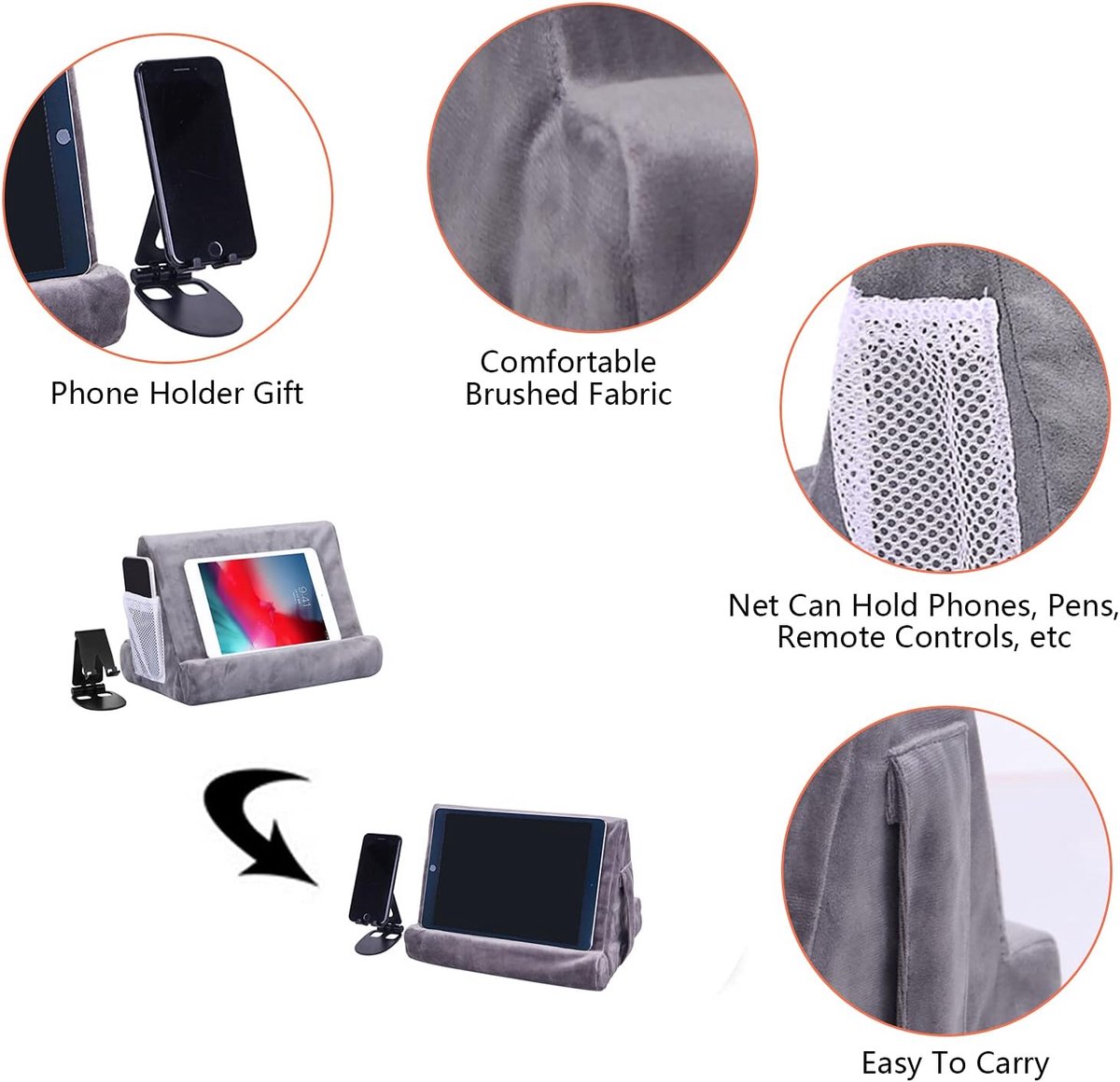 1 stuk - Tablet pad - 3 kijkhoeken - Comfortabel - met netzak - geschikt voor tablets, smartphones, boeken en e-readers - 28 * 20,5 * 21cm - grijs