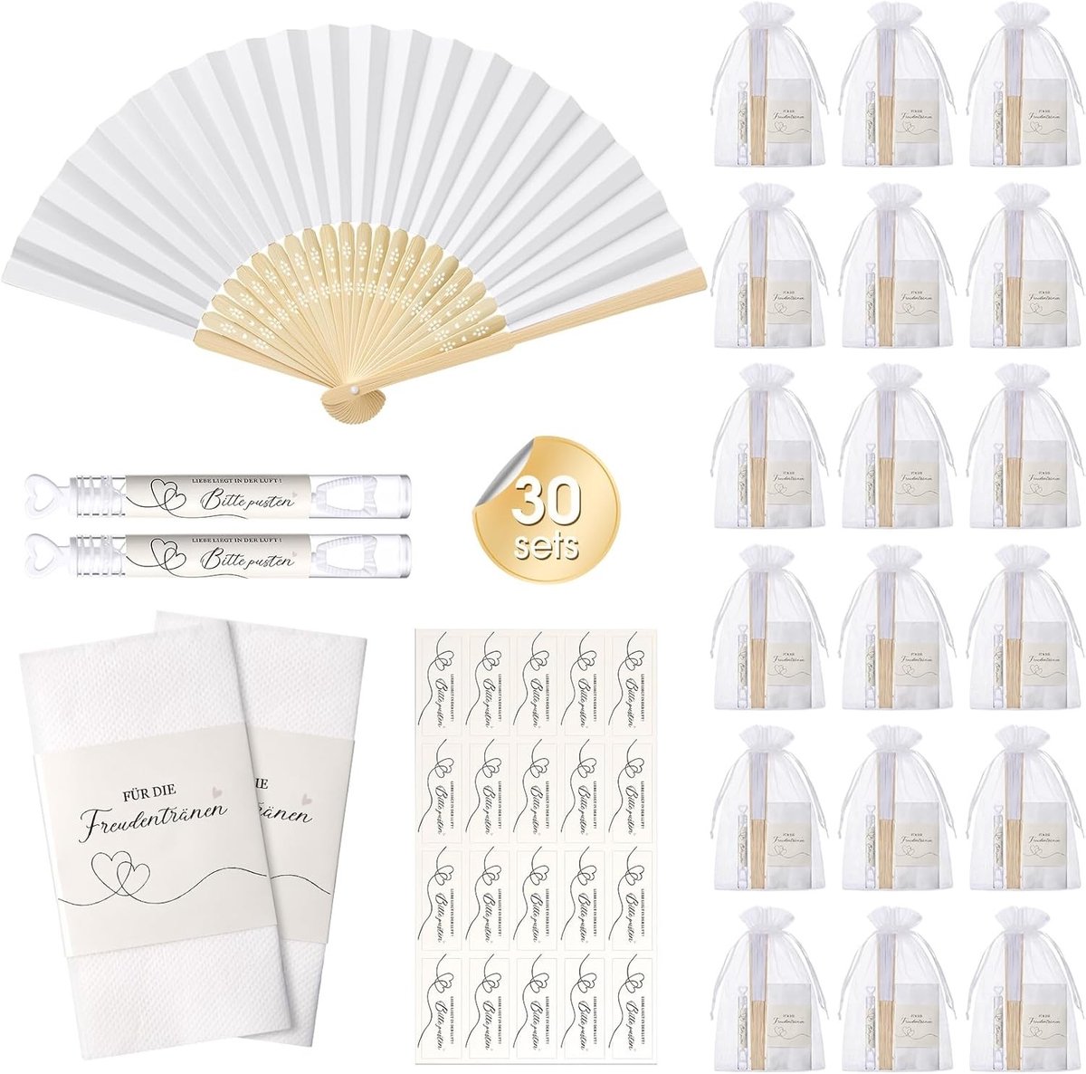30 Sets Trouwen Bedankjes met Bellen, Tissues en Organza Tassen voor Bruiloften en Feestjes