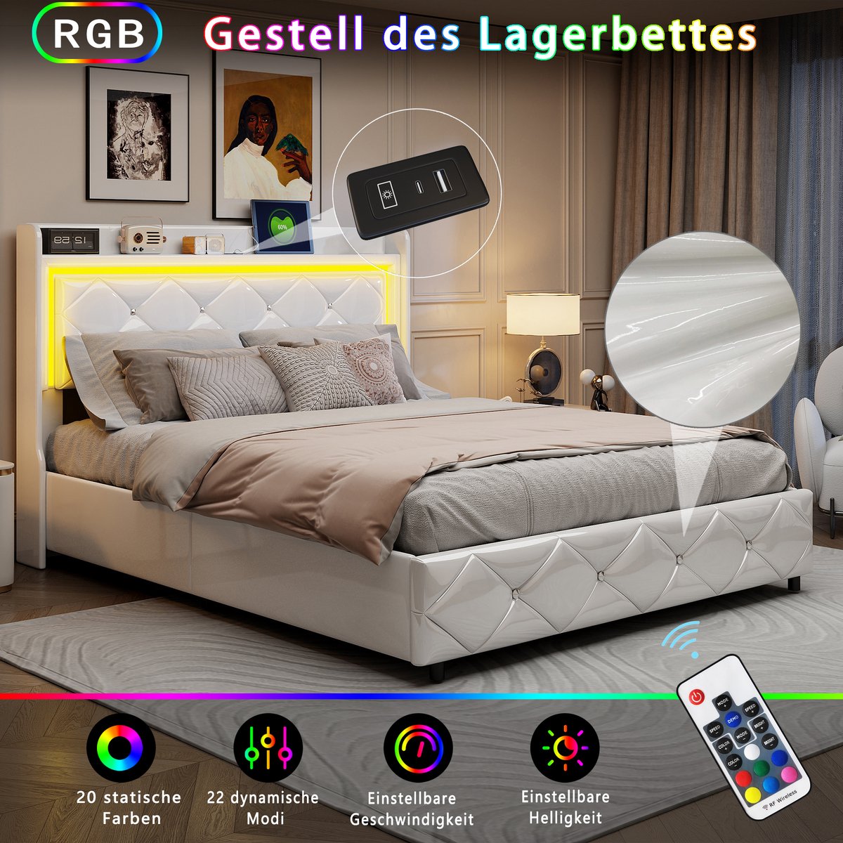 Opbergbed 140x200 cm met hydraulisch mechanisme, Tweepersoonsbed met led- en usb-poorten, lattenbodem en gewatteerd hoofdbord, BED voor volwassenen en tieners, Wit PU-leer