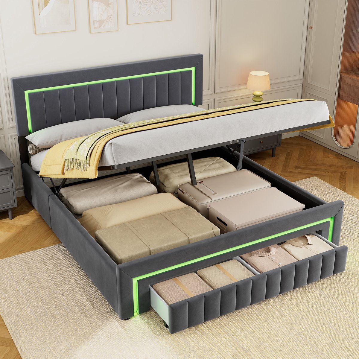 MIVRAY Opbergbed – 180 x 200 cm – Met LED En Laden – Velours En Metaal Met Hout – Donkergrijs – Gestoffeerd Tweepersoonsbed Voor Slaapkamer