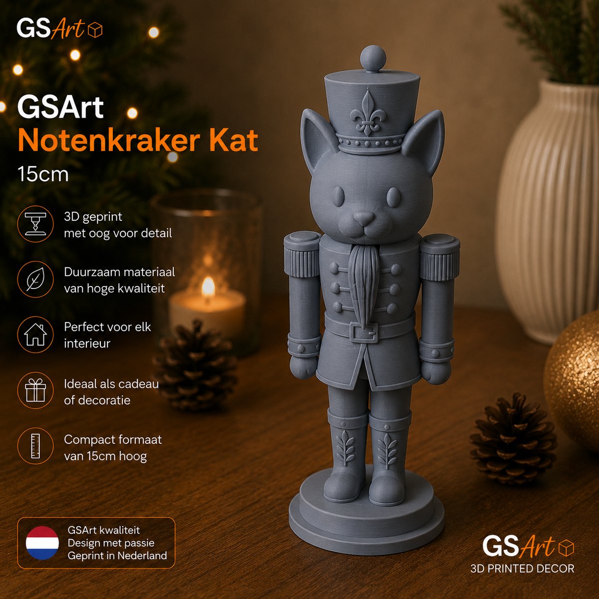GSArt Notenkraker Kat 15cm – 3D-geprinte kerstdecoratie - Mat Asgrijs