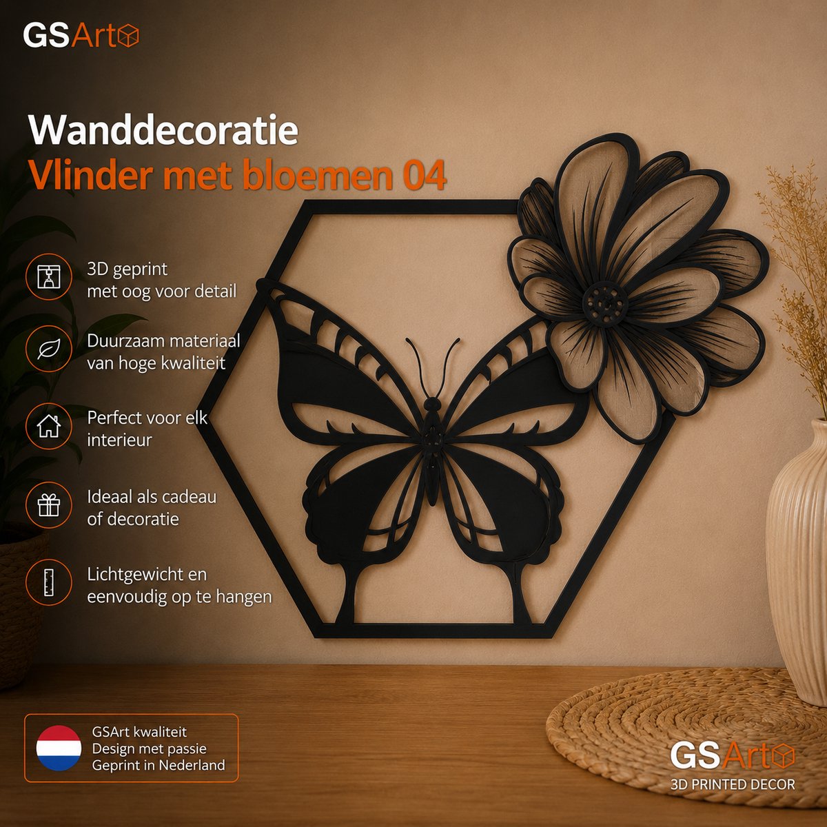 GSArt Wanddecoratie Vlinder met Bloemen 04 25 cm – 3D Geprinte Muurdecoratie