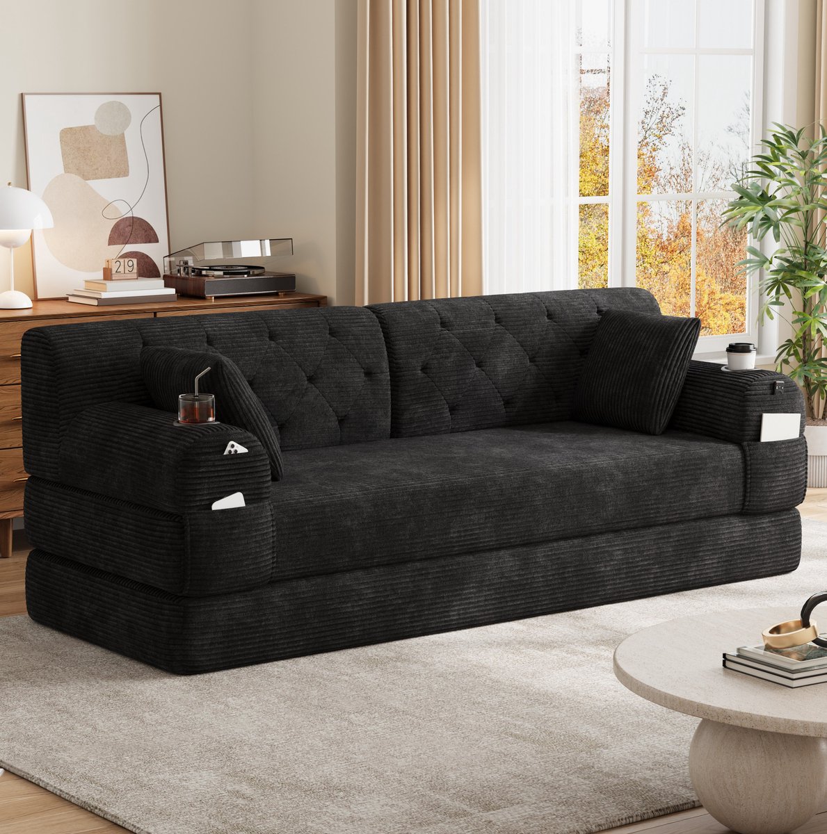MODFU - Slaapbank - 3-Zits, Hoge Rugleuning, 2 Bekerhouders - Cord - Zwart - 208 X 80 X 81 Cm
