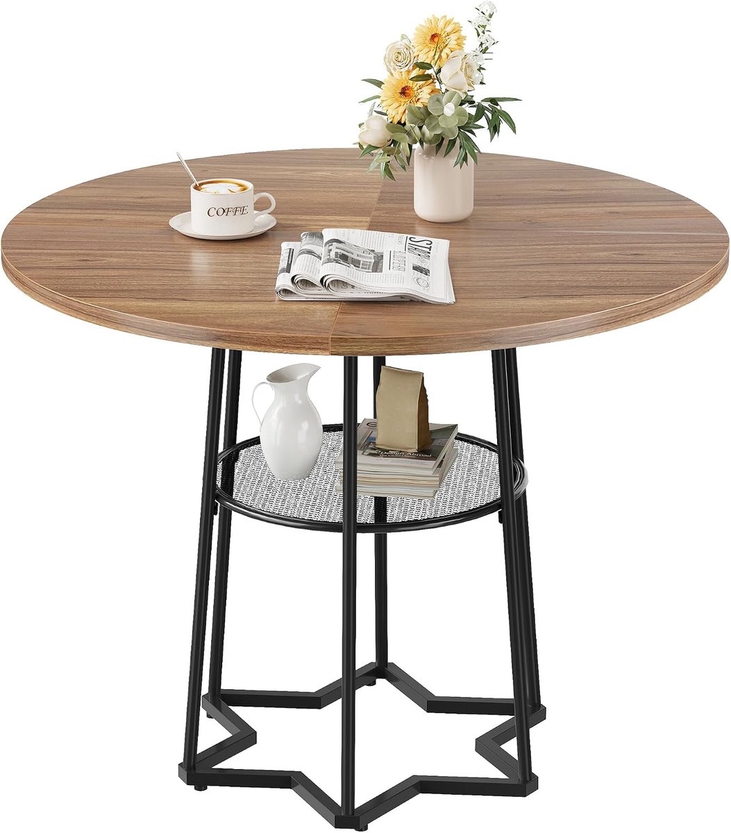 Ronde Eettafel 98 cm - Eettafel voor 4 Personen - Modern Hexagon Onderstel - Houtlook met Handig Opbergnet - Industrieel & Farmhouse Design