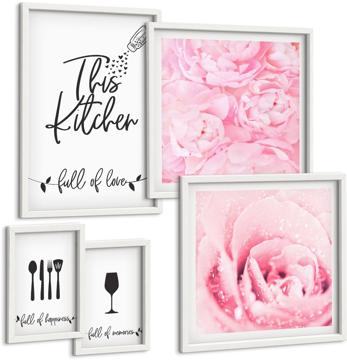 Wallfluent 5-Delige Schilderij Set - Keukeninspiratie Met Rozen En Culinaire Accessoires - 50 x 50 cm, 20 x 30 cm En 40 x 60 cm - Decoratieve Schilderijen - Woonkamer - Interieur - Wanddecoratie
