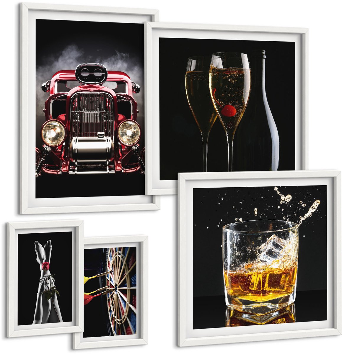 Wallfluent 5-Delige Schilderij Set - Stijlvolle Retrothema'S Met Auto'S En Drankjes - 50 x 50 cm, 20 x 30 cm En 40 x 60 cm - Muurdecoratie - Schilderijen Set - Woonkamer - Moderne Wanddecoratie