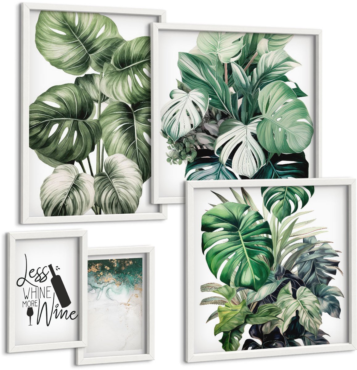 Wallfluent 5-Delige Schilderij Set - Plantenmotieven Met Citaten En Abstracte Accenten - 50 x 50 cm, 20 x 30 cm En 40 x 60 cm - Wanddecoratie - Woonkamer Decoratie