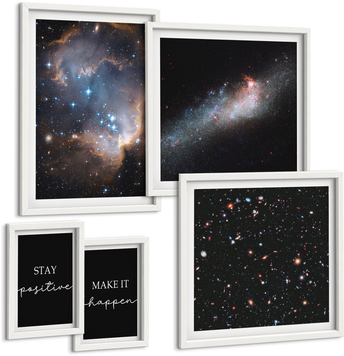 Wallfluent 5-Delige Schilderij Set - Kosmische Inspiratie, Positieve Boodschappen En Motivatie - 50 x 50 cm, 20 x 30 cm En 40 x 60 cm - Muurdecoratie - Decoratieve Schilderijen - Wohnzimmer