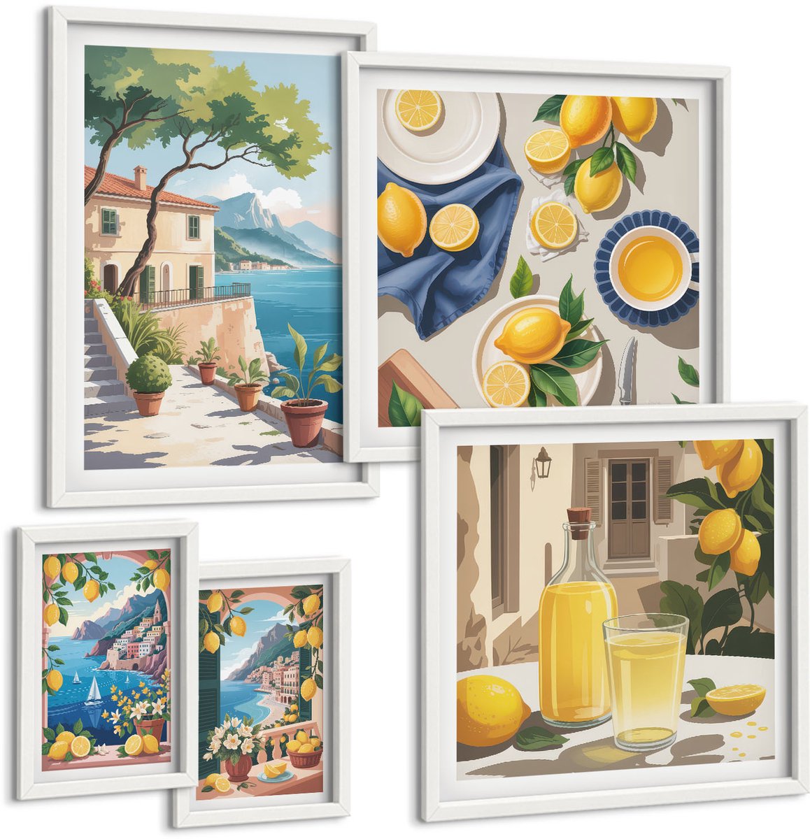 Wallfluent 5-Delige Schilderij Set - Citroenen Met Uitzicht Op Pittoreske Landschappen - 50 x 50 cm, 20 x 30 cm En 40 x 60 cm - Decoratieve Schilderijen - Woonkamer - Interieur - Muurdecoratie