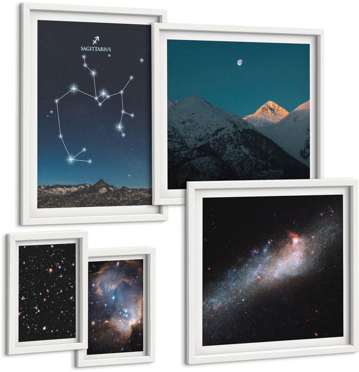 Wallfluent 5-Delige Schilderij Set - Ruimtelandschappen Met Sterrenbeelden En Melkwegen - 50 x 50 cm, 20 x 30 cm En 40 x 60 cm - Wanddecoratie - Schilderijen Set - Interieur - Decoratieve Schilderijen
