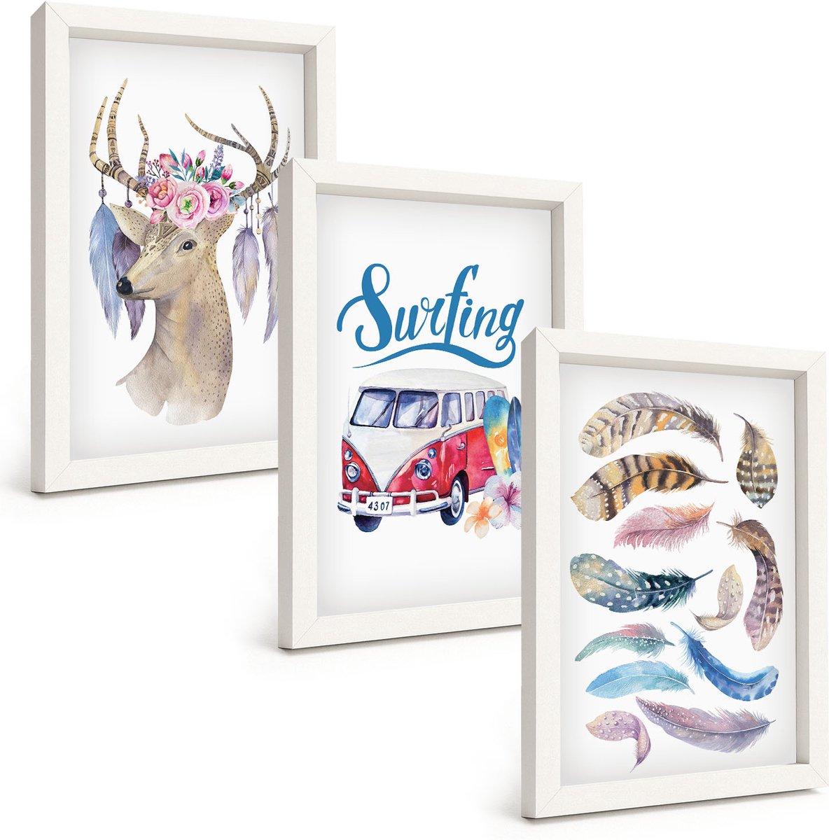 Wallfluent 3-Delige Schilderij Set - Hert Met Gewei, Bloemen En Veren, Vakantiebusje - 20 x 30 - Muurdecoratie - Schilderijen Set - Woonkamer - Decoratieve Schilderijen