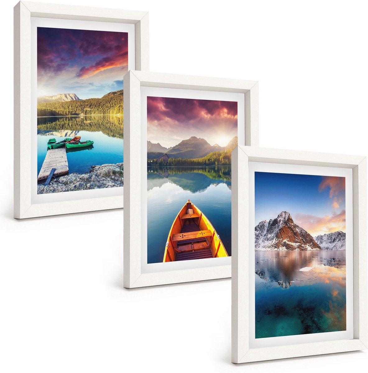Wallfluent 3-Delige Schilderij Set - Rustige Meren Met Berglandschap En Boot - 20 x 30 - Muurdecoratie - Wanddecoratie - Hal - Decoratieve Schilderijen