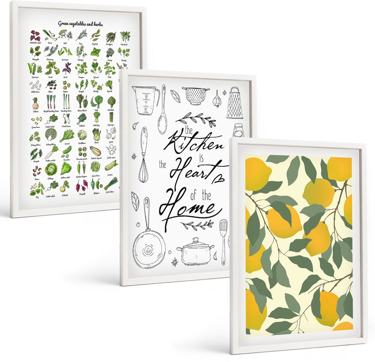 Wallfluent 3-Delige Schilderij Set - Lijst Met Keukenkruiden, Belettering En Beschilderde Citroenen - 40 x 60 - Muurdecoratie - Interieur Decoratie - Moderne Wanddecoratie